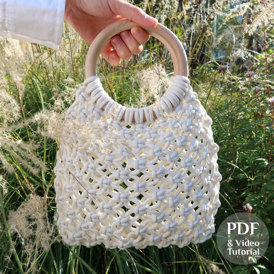 VIDEO Tutorial & PDF Macrame Net Bag Pattern Wooden Handles DIY Boho ...