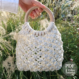 VIDEO Tutorial & PDF Macrame Net Bag Pattern Wooden Handles DIY Boho Purse