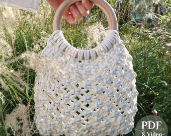 VIDEO Anleitung & PDF Makramee Netztasche Muster Holzgriffe DIY Boho Geldbörse