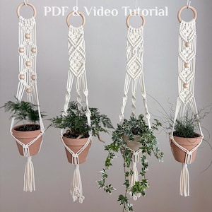 Set of 4 Macrame Plant Hanger Patterns | 2 Wood Bead + 2 Classic Geometric Designs