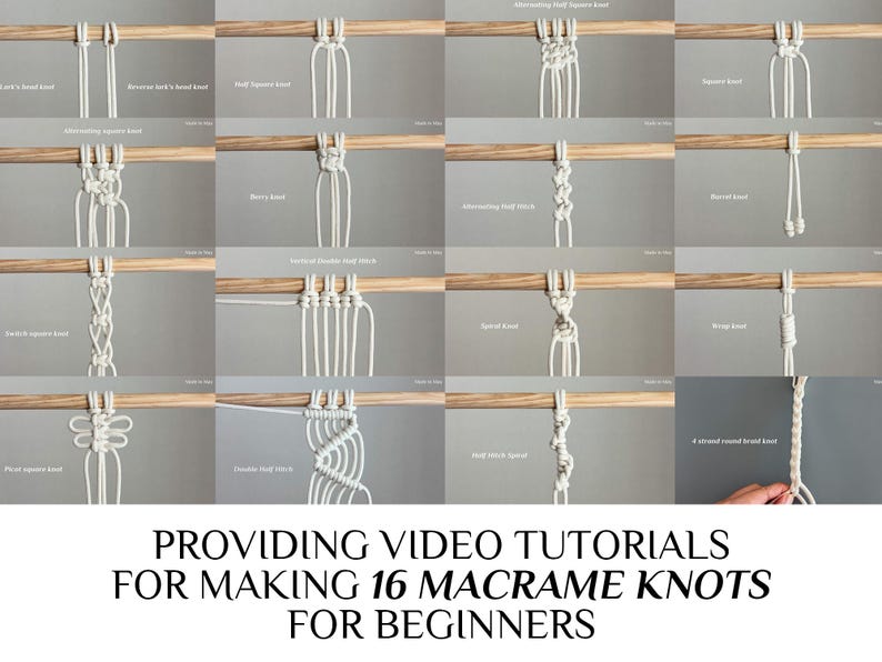 K&ouml;nnte beinhalten: Eine Reihe von Bildern, die 16 verschiedene Makramee-Knoten zeigen, die jeweils mit wei&szlig;er Kordel hergestellt und an einem Holzd&uuml;bel befestigt sind. Der Text unten lautet: BEREITSTELLUNG VON VIDEO-TUTORIALS ZUR HERSTELLUNG VON 16 MAKRAMEE-KNOTEN F&Uuml;R ANF&Auml;NGER.