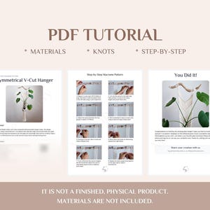 K&ouml;nnte beinhalten: PDF-Tutorial f&uuml;r einen asymmetrischen V-Cut-Makramee-Pflanzenaufh&auml;nger. Das Tutorial enth&auml;lt Materialien, Knoten und Schritt-f&uuml;r-Schritt-Anleitungen. Das Bild zeigt das fertige Produkt mit einer Pflanze. Text auf dem Bild lautet "PDF Tutorial".