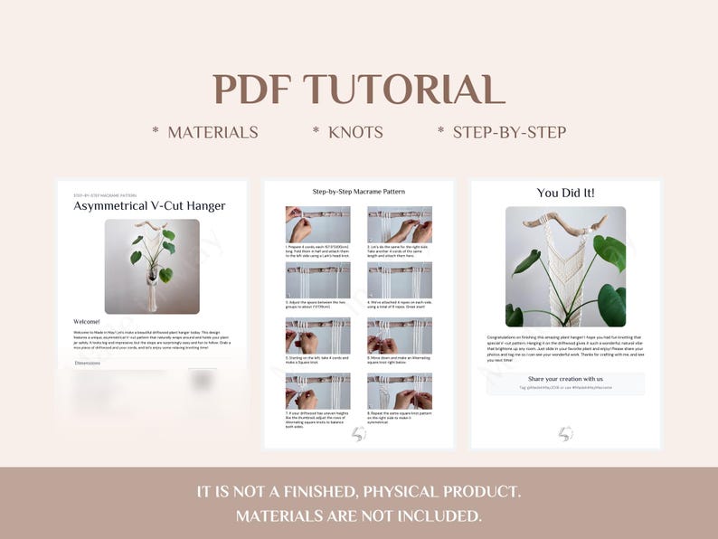K&ouml;nnte beinhalten: PDF-Tutorial f&uuml;r einen asymmetrischen V-Cut-Makramee-Pflanzenaufh&auml;nger. Das Tutorial enth&auml;lt Materialien, Knoten und Schritt-f&uuml;r-Schritt-Anleitungen. Das Bild zeigt das fertige Produkt mit einer Pflanze. Text auf dem Bild lautet "PDF Tutorial".
