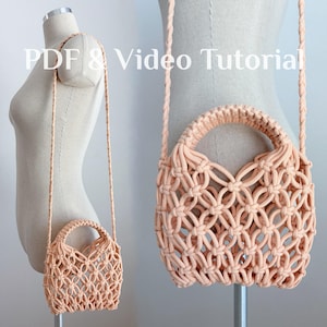 May include: A peach-colored macrame handbag featuring a knotted lattice pattern, a rounded handle, and a long braided shoulder strap. The text PDF & Video Tutorial is visible across the top of the image, indicating the item is a digital guide.