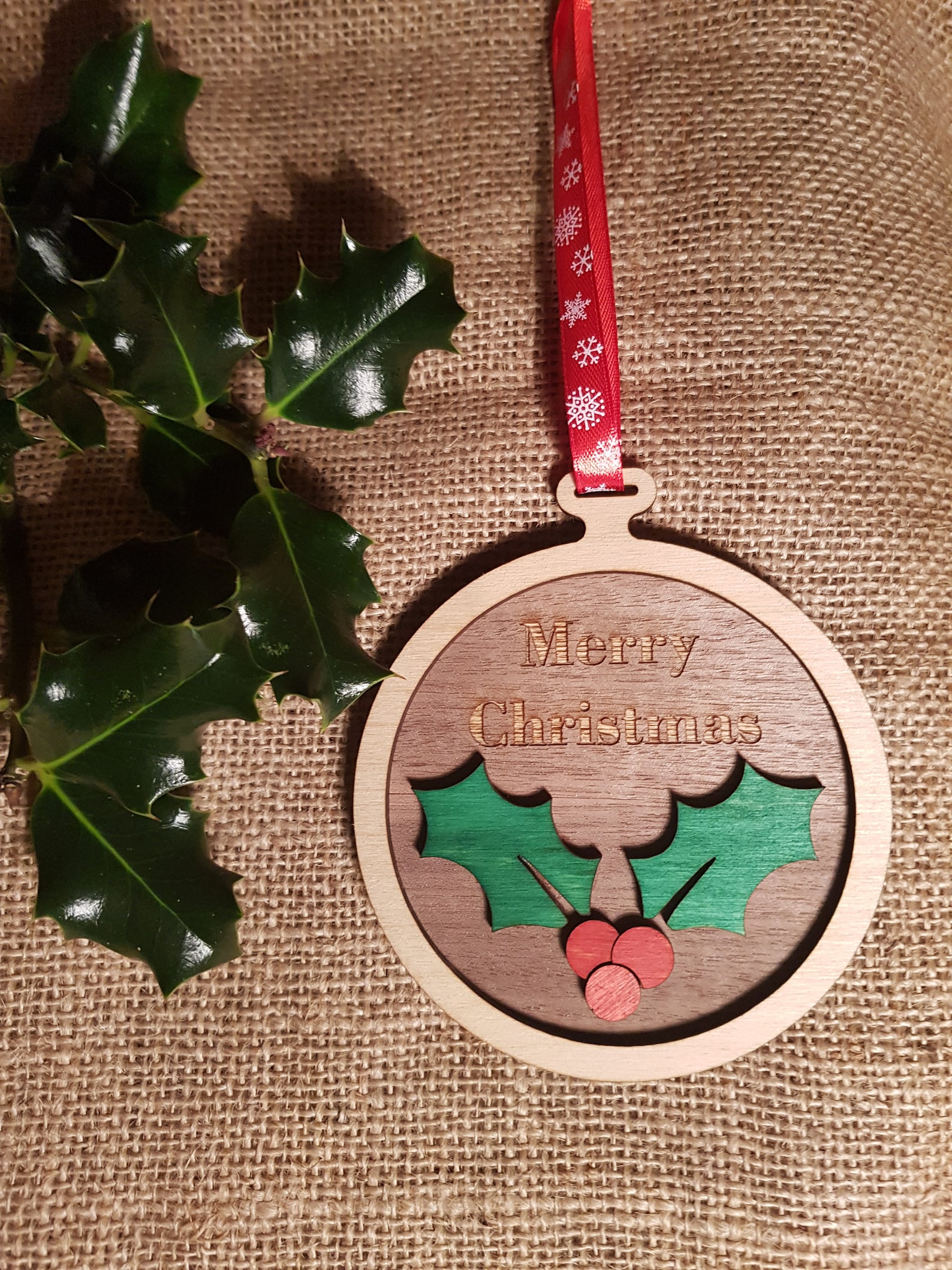Merry Christmas Wooden Holly Decoration Etsy