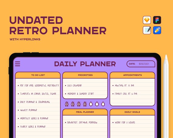 Undated Retro Life Planner with Hyperlinks | Digital Planner for iPad, Goodnotes, Notability | Template Digital Planner | 2021 Calendar