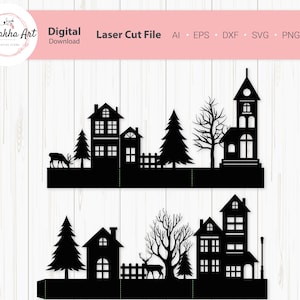 Pueblo de Navidad svg - pueblo de invierno svg - Ventana de Navidad svg - Escena de Navidad svg para cricut, archivo láser