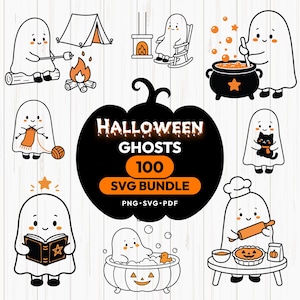 以下が含まれることがあります： SVG、PNG、PDF形式のハロウィーンの幽霊のイラスト100点を含むデジタルコレクション。キャンプ、料理、読書、入浴など、様々な活動をする白い幽霊のグラフィックで、オレンジと黒のディテールがアクセントになっています。