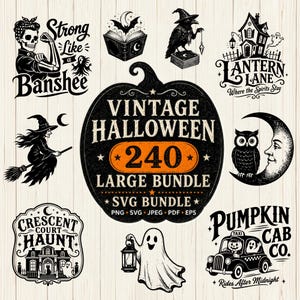 Op de afbeelding: Een digitale grafische collectie met zwart-witte Halloween-illustraties, waaronder een skelet, heks, spookhuis, uil en geest. Het centrale pompoenvormige embleem toont de tekst VINTAGE HALLOWEEN 240 LARGE BUNDLE.