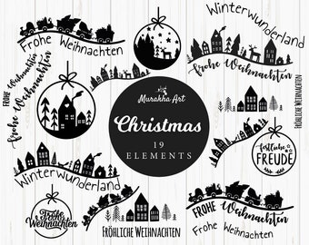 May include: Black and white Christmas clip art illustrations featuring ornaments, houses, trees, and the text "Frohe Weihnachten" and "Winterwunderland".