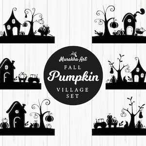 Op de afbeelding: Een set van zes zwart-witte silhouet-illustraties van huizen met bomen, pompoenen en een vrachtwagen. De tekst "Murakha Art Fall Pumpkin Village Set" staat in een cirkel bovenaan de afbeelding.