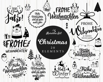 May include: A set of 20 black and white Christmas illustrations featuring various festive elements, including a Christmas tree, ornaments, reindeer, a snowman, and the text "Frohe Weihnachten" in a variety of styles.