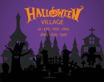 ハロウィン ビレッジ SVG - クリカット ダウンロード - ハロウィン お化け屋敷