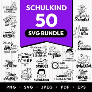 May include: A digital collection of 50 black and white graphic designs featuring school-themed illustrations and German text. The bundle includes icons of children, unicorns, dinosaurs, and school supplies, with file formats listed as PNG, SVG, JPEG, PDF, and EPS.