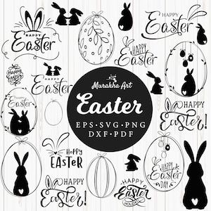 Op de afbeelding: Een set met zwart-witte digitale clipart met paasethema met konijnen, eieren en kransen met de tekst "Happy Easter" en "Hoppy Easter".