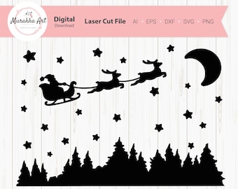 Christmas scene svg - Santas sleigh with reindeer svg -  Christmas village svg  - Christmas window forest  for cricut, laser file