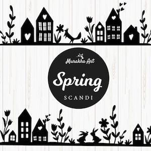 May include: Black and white illustration of two rows of houses with hearts and flowers. The text "Spring Scandi" is in a circle below the houses.