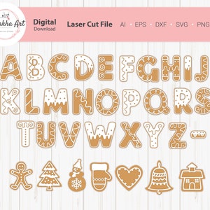 Puede incluir: Un conjunto de letras del alfabeto de galletas de jengibre, números y formas temáticas navideñas, que incluyen un hombre de jengibre, un árbol de Navidad, un muñeco de nieve, una manopla, un corazón, una campana y una casa. Las letras y las formas están delineadas en blanco y tienen un color marrón de jengibre.