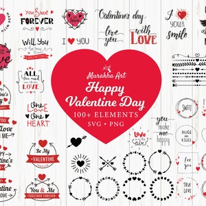 Peut inclure: Une collection de plus de 100 graphismes de la Saint-Valentin en noir et rouge, mettant en vedette des cœurs, des flèches et des phrases romantiques comme "You & Me Forever" et "Love is in the Air".