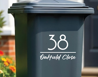 Custom Wheelie Bin Stickers | Original Numbers and Cursive Address | Bin House Numbers Set | Organisation Improvement | Numbers Vinyl Decal