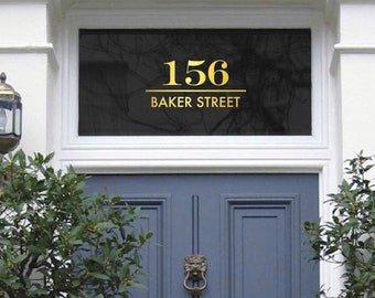 Chrome Gold Fanlight Transom House Number, Traditional Number & Street Name, Gold Leaf Effect, Shiny Gold Numbers, Gold Foil, Window Sticker