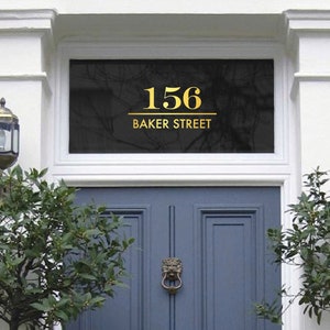 Chrome Gold Fanlight Transom House Number, Traditional Number & Street Name, Gold Leaf Effect, Shiny Gold Numbers, Gold Foil, Window Sticker