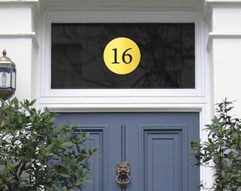 Chrome Gold Fanlight Transom House Number, Round Style Number, Number in Circle, Gold Leaf Effect, Shiny Gold Numbers, Gold Foil