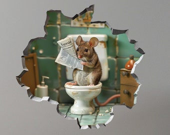 Mouse Sitting on Toilet, 3D Mouse Hole Sticker, Mouse Reading Newspapers on Toilet, Peel and Stick Wall Decal, Cracked Wall Sticker