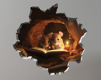 Parent and Child Mice Reading in Mouse Hole Decal, Mouse reading book, Mouse Hole 3D Wall Sticker, Peel and Stick Wall Decal, Mouse Sticker