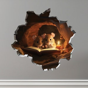 Parent and Child Mice Reading in Mouse Hole Decal, Mouse reading book, Mouse Hole 3D Wall Sticker, Peel and Stick Wall Decal, Mouse Sticker
