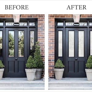 May include: Before and after images of a black front door with glass panels. The before image shows the glass panels with a view of trees and foliage. The after image shows the glass panels with a frosted film applied, obscuring the view.