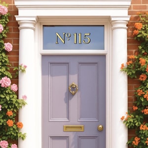 May include: A lavender front door with gold hardware and the number "No 115" above. The door is framed by white columns and a brick wall, with climbing plants and flowers on either side.