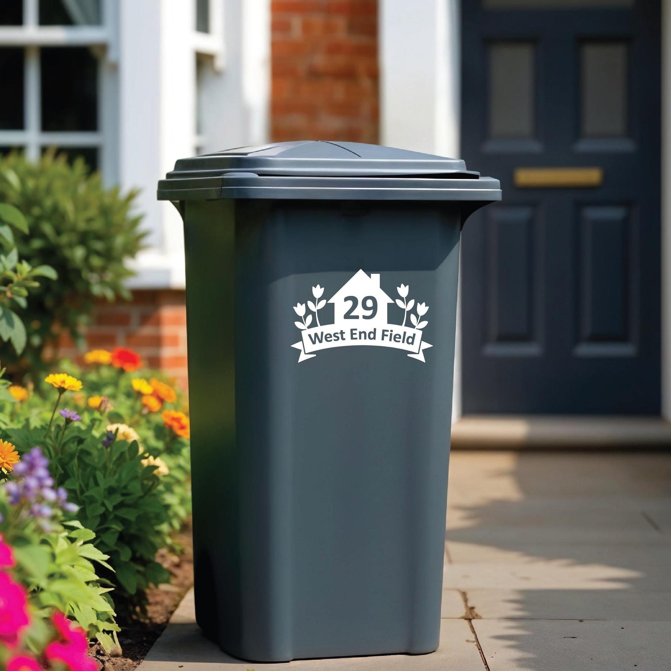 Custom Wheelie Bin Stickers | House & Flowers Numbers | Bin House Numbers Set | Home Organization Improvement | Numbers Vinyl Decals