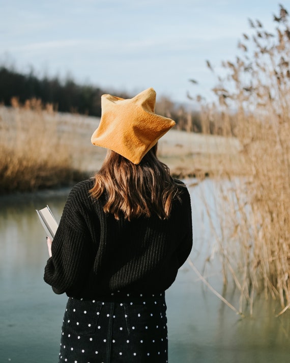 Star Shaped French Beret in Mustard Yellow | Handmade Hat  display picture 2