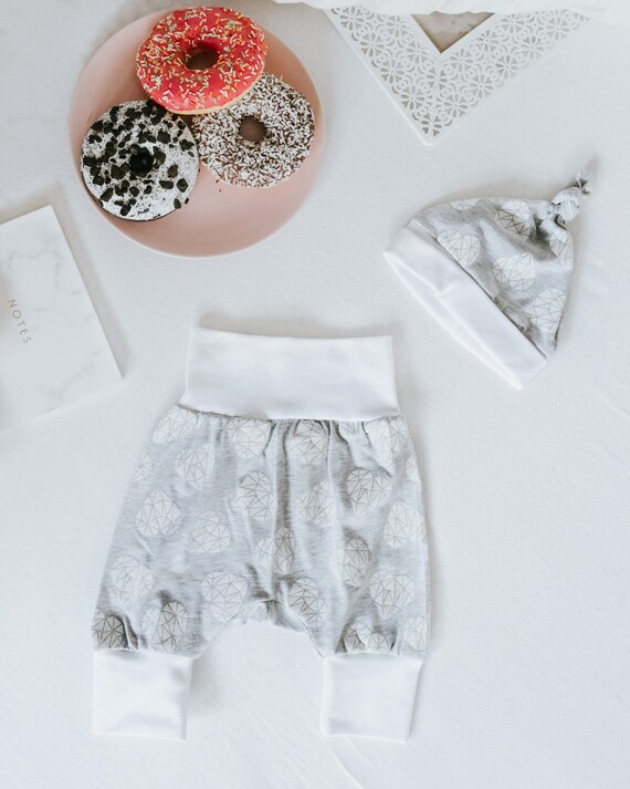 Handmade Unisex Heart Baby Harem Pants and Top Knot Hat Set