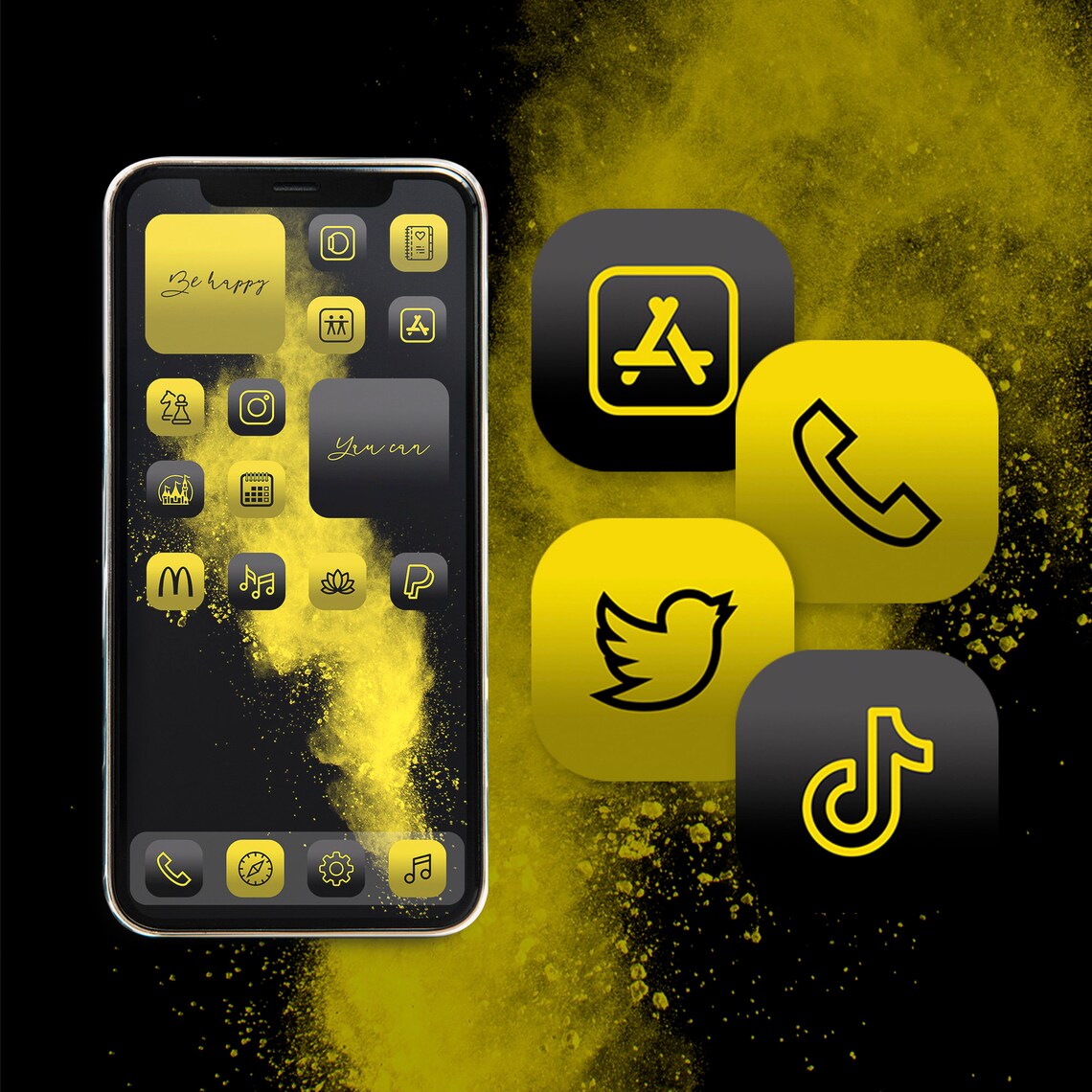 Yellow black app icons collection widget iphone home screen Etsy