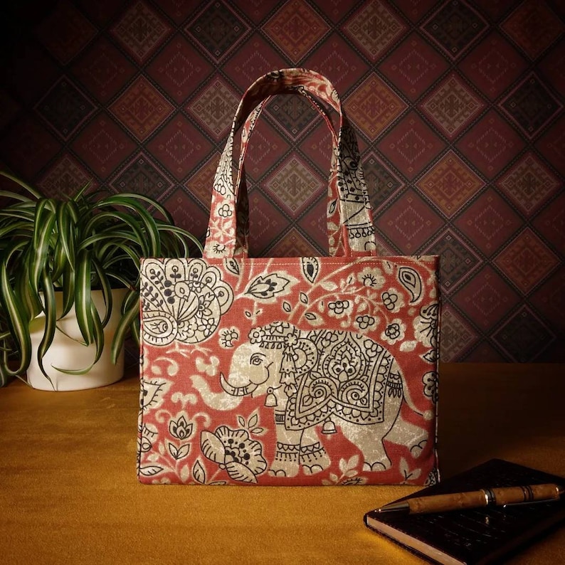 Cotton Mini Tote Bag - Elephants on Red Design
