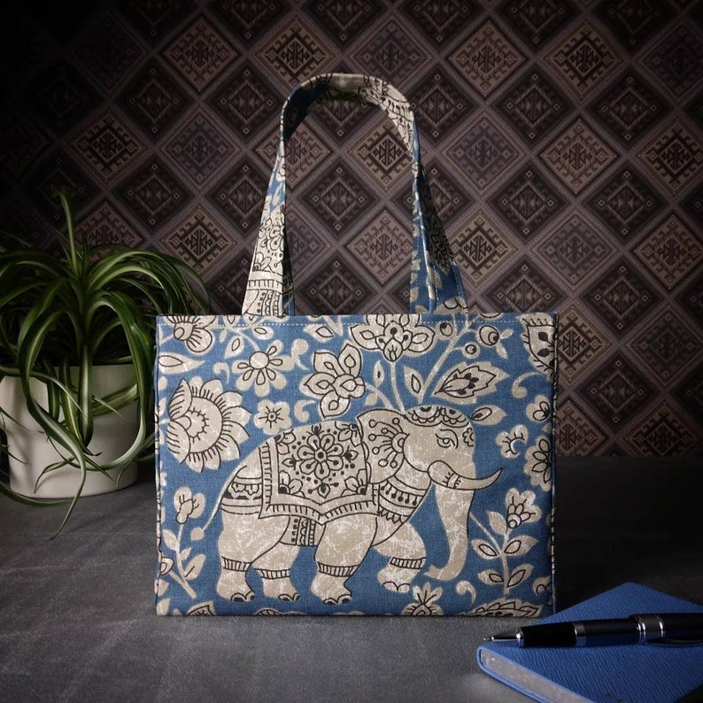 Cotton Mini Tote Bag - Elephants on Blue Design