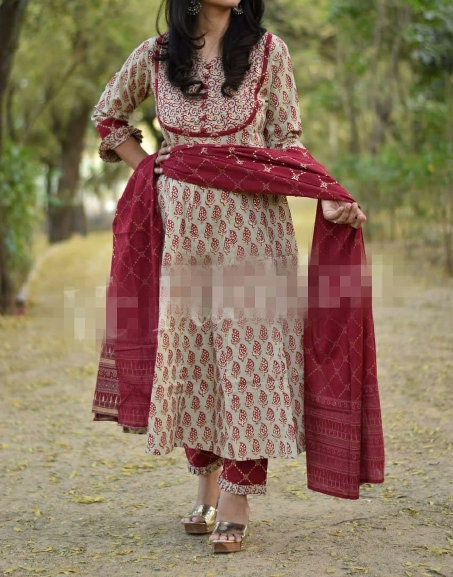 Beautiful Printed Cotton anarkali kurta pant dupatta set Etsy