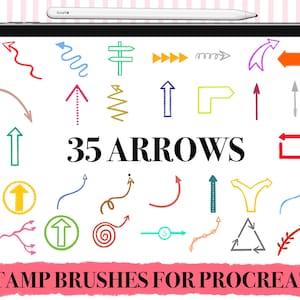 Pode incluir: Uma tela de tablet digital que exibe 35 pincéis de carimbo de seta diferentes para Procreate. As setas são de várias cores, estilos e tamanhos. O texto "35 ARROWS" é exibido em preto na tela.
