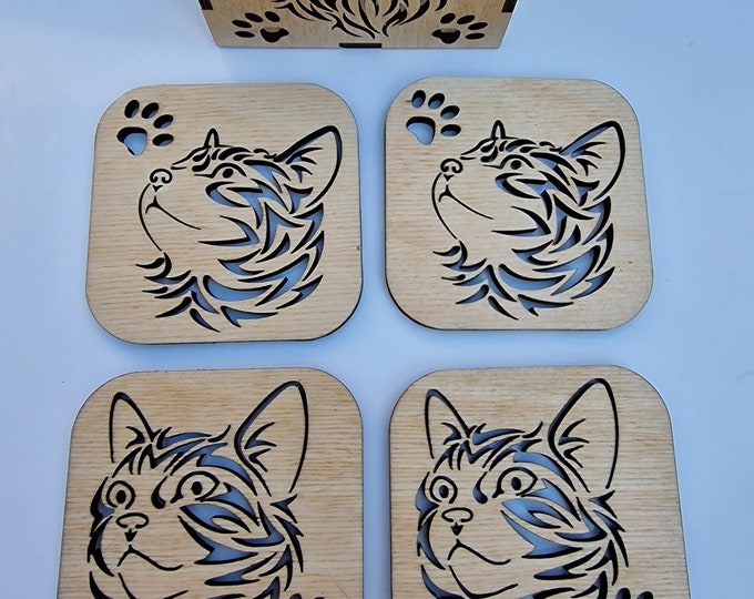 Cat coasters set of 4 with caddy