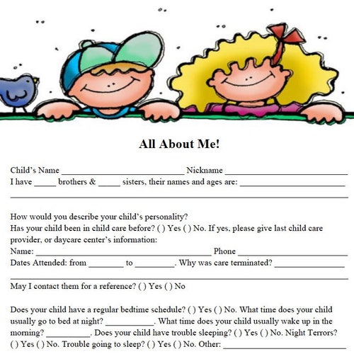 All About Me Daycare Questionnaire Fully Editable Child Care Etsy