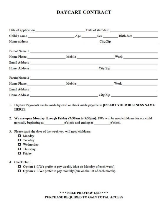 Daycare Contract: Fully Editable Child Care Enrollment - Etsy