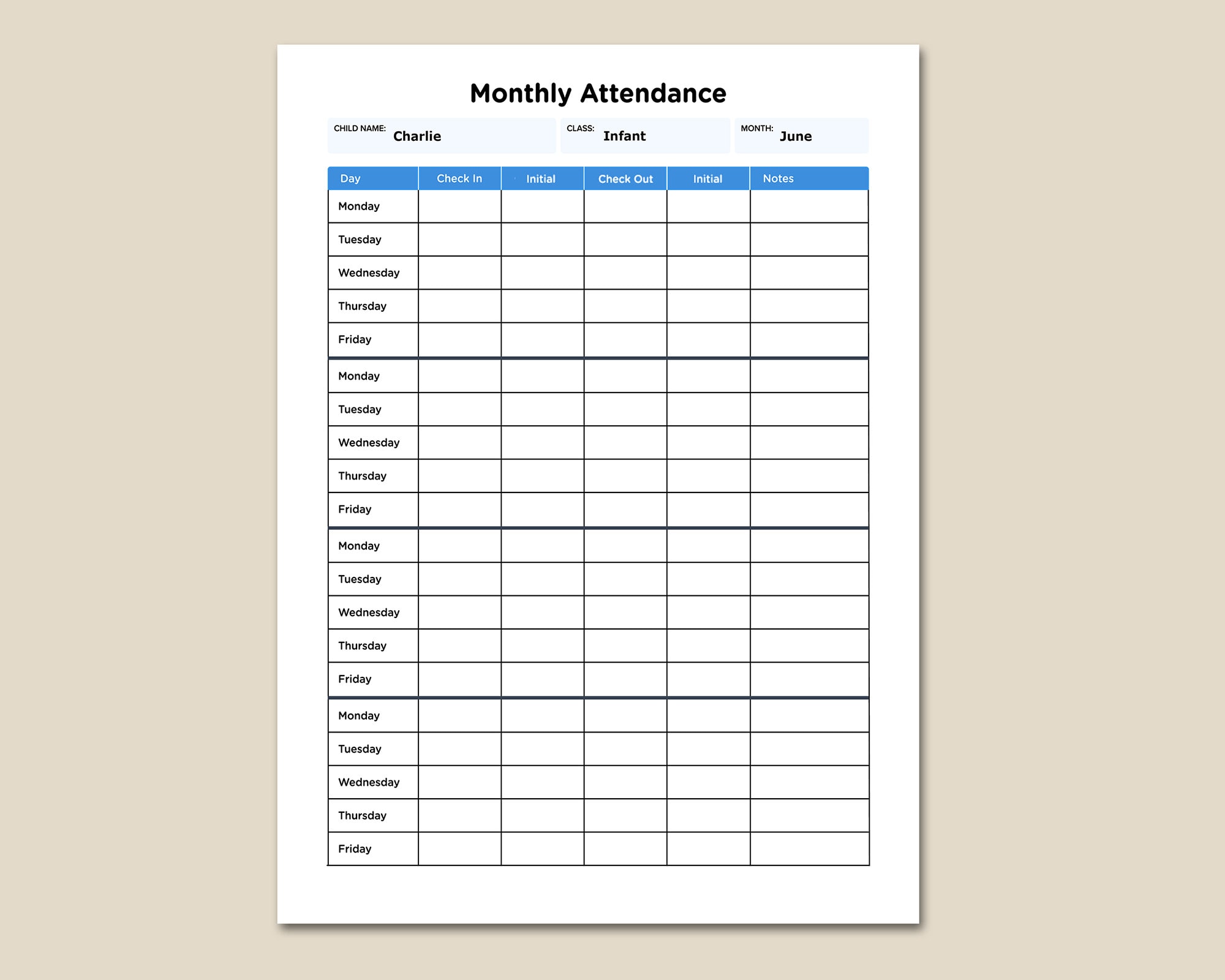 Daycare Monthly Attendance Sheet For Single Child With - Etsy Nederland