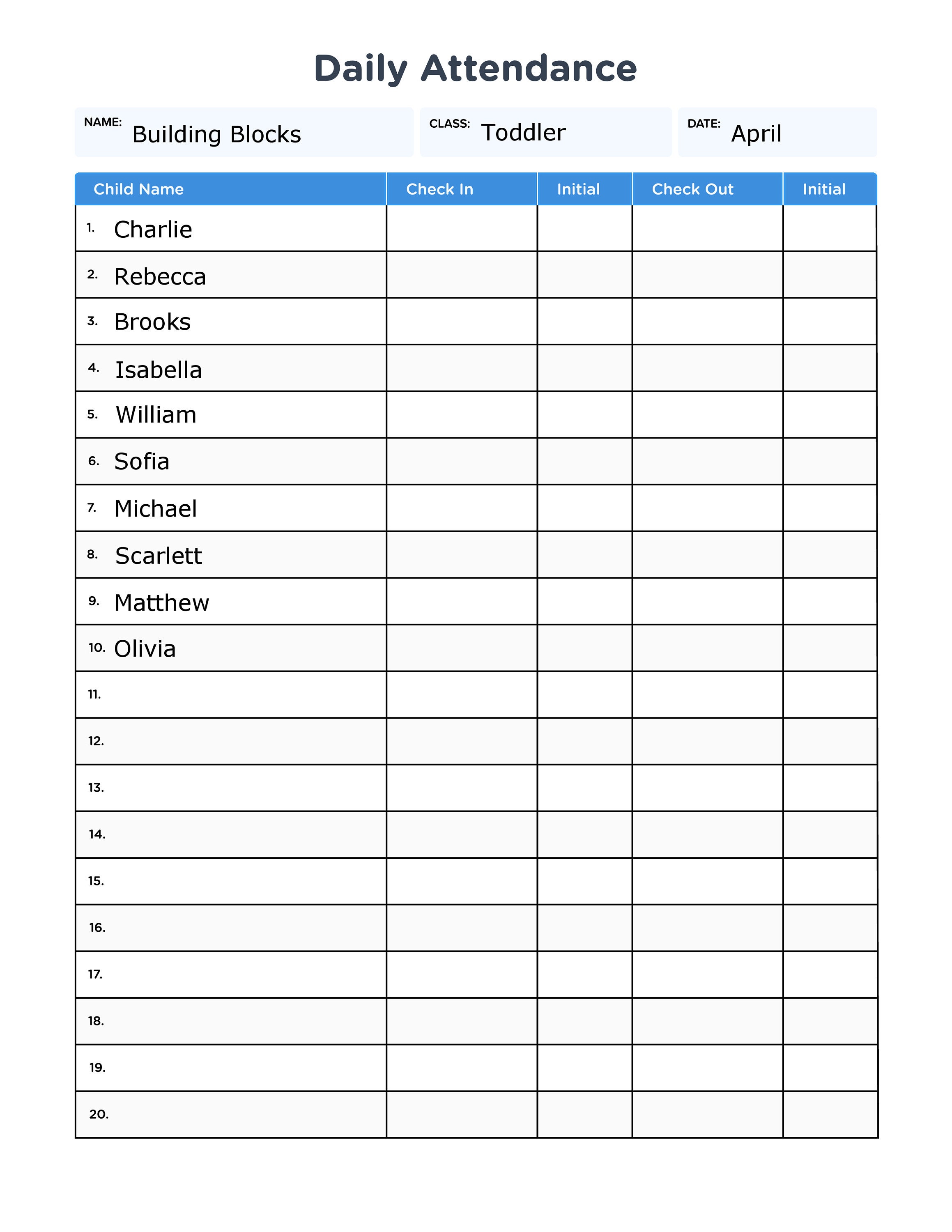 Childcare Daily Attendance Sheet With Fillable Form Fields Hd Png And