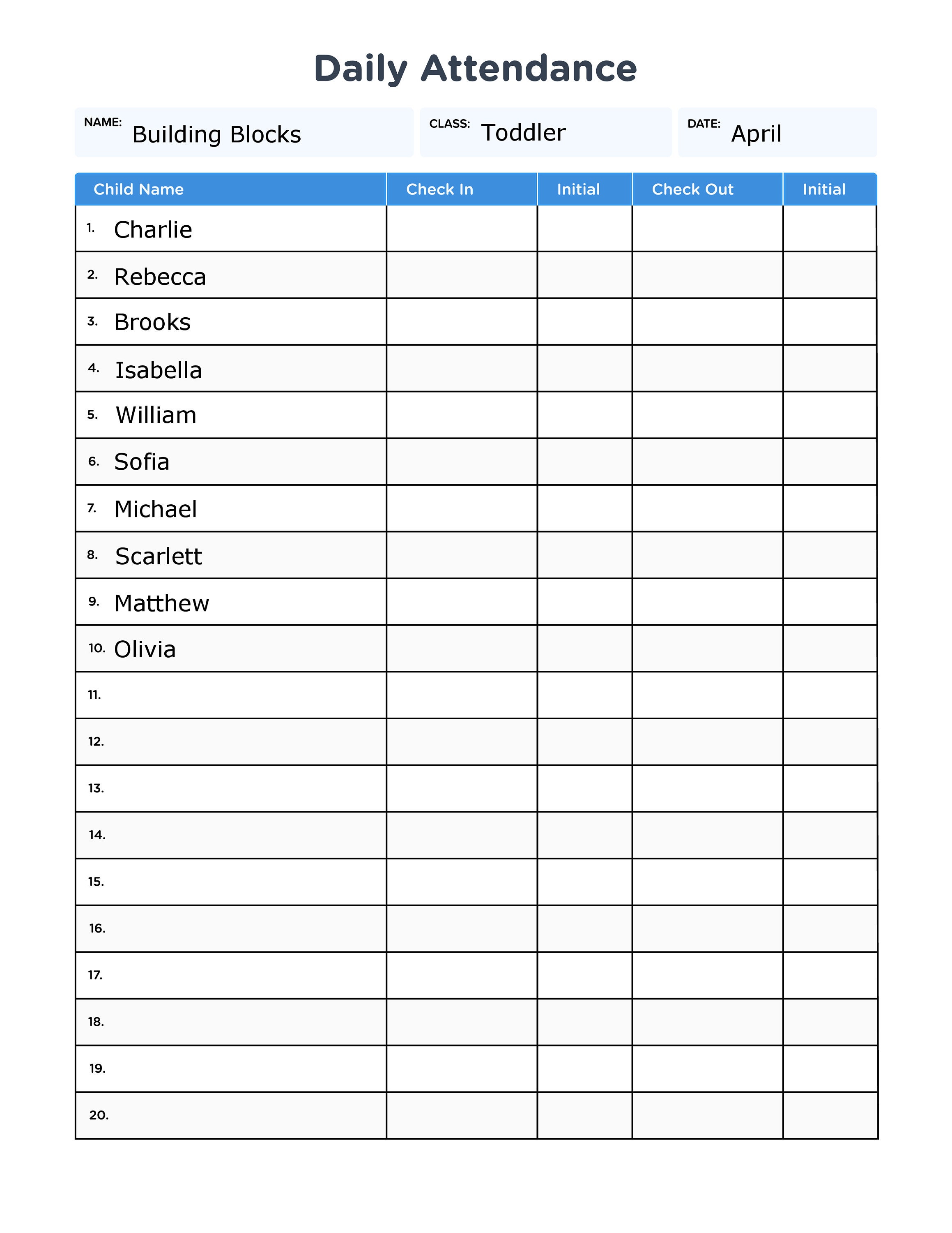 Childcare Daily Attendance Sheet With Fillable Form Fields HD PNG and