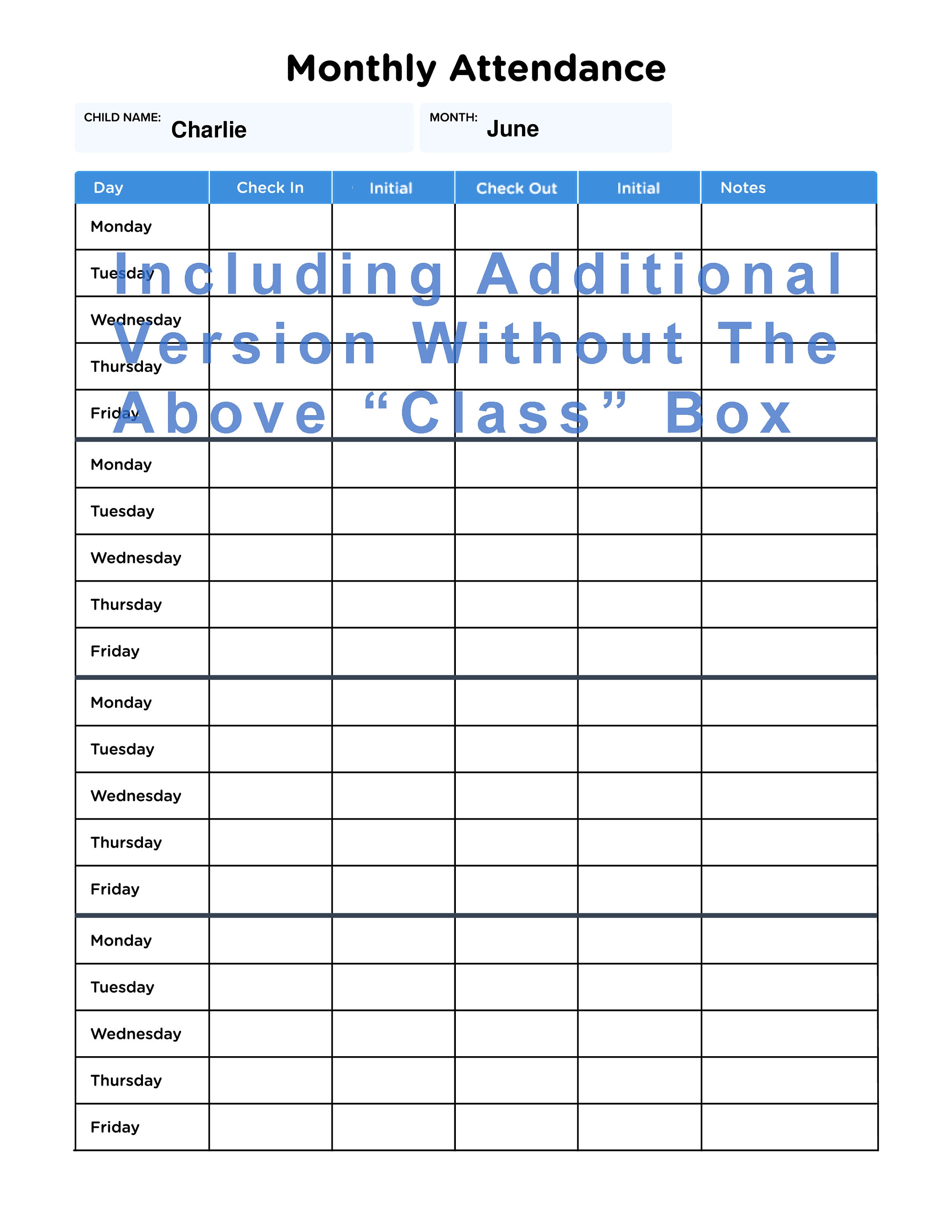 Daycare Monthly Attendance Sheet for Single Child With Fillable Form ...