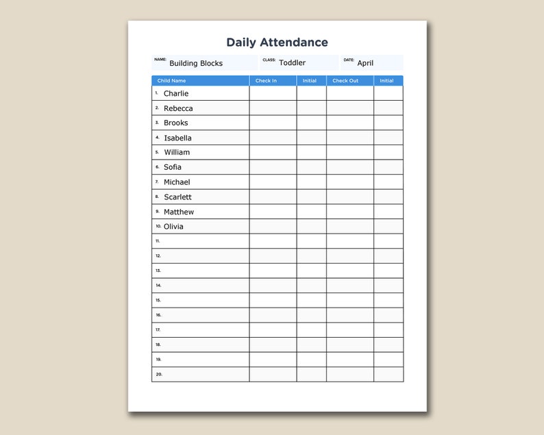 Childcare Daily Attendance Sheet With Fillable Form Fields HD PNG and Fillable PDF Instant