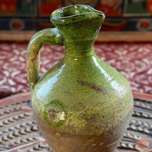 Antique Sille Ceramic Pitcher: Green Glazed Rustic Clayware