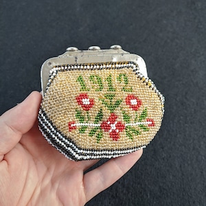 Antique 1912 Beaded Coin Purse, Antique Prison Beadwork Purse / Money Pouch, Antique Floral Beaded Wallet Gift, Prison Beadwork